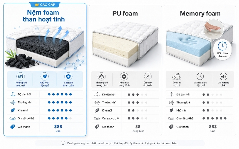 Nệm foam than hoạt tính - ưu, nhược điểm và lưu ý sử dụng 6 So sánh chi tiết
