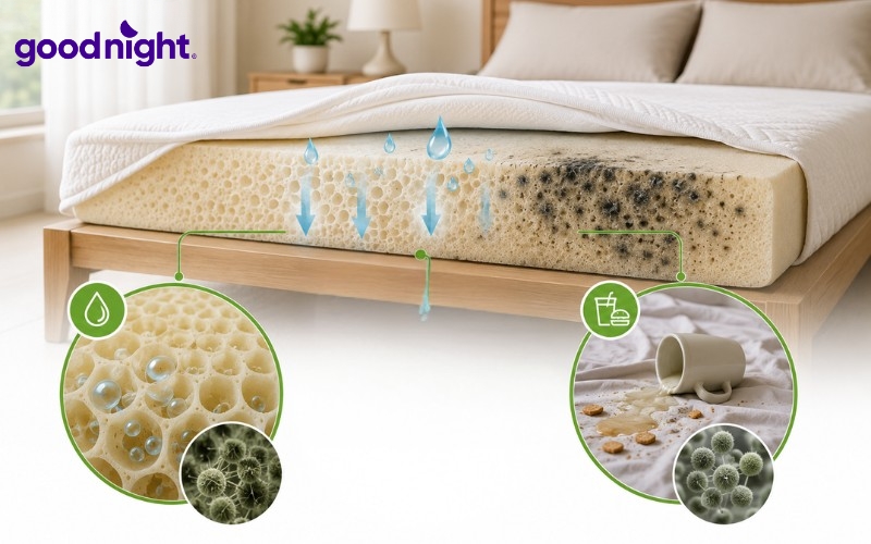 Cách vệ sinh nệm foam tại nhà sạch khuẩn, thơm tho 4 Nấm mốc xuất hiện khi nệm bị ẩm ướt trong thời gian dài, gây ra những vết thâm loang lổ