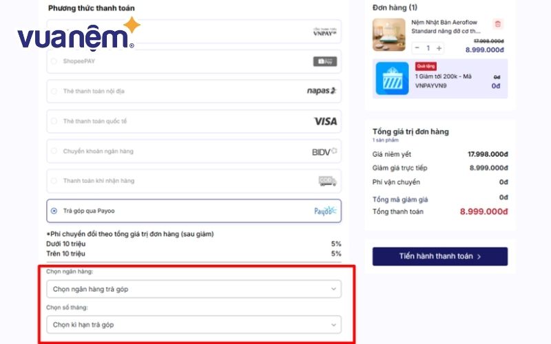 Trả góp Vua Nệm giúp bạn sở hữu nệm tốt mà không cần trả ngay 100% 3 Khách hàng có thể trả góp khi mua hàng trực tuyến trên website Vua Nệm
