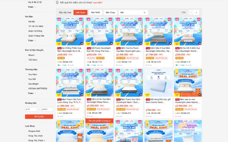 Cẩn thận với các cửa hàng mạo danh Vua Nệm: Người tiêu dùng dễ sập bẫy giá rẻ 2 Khi tìm kiếm từ khoá Vua Nệm trên sàn TMĐT có rất nhiều sản phẩm, bạn nên chọn mua tại mall có tick xanh của Vua Nệm
